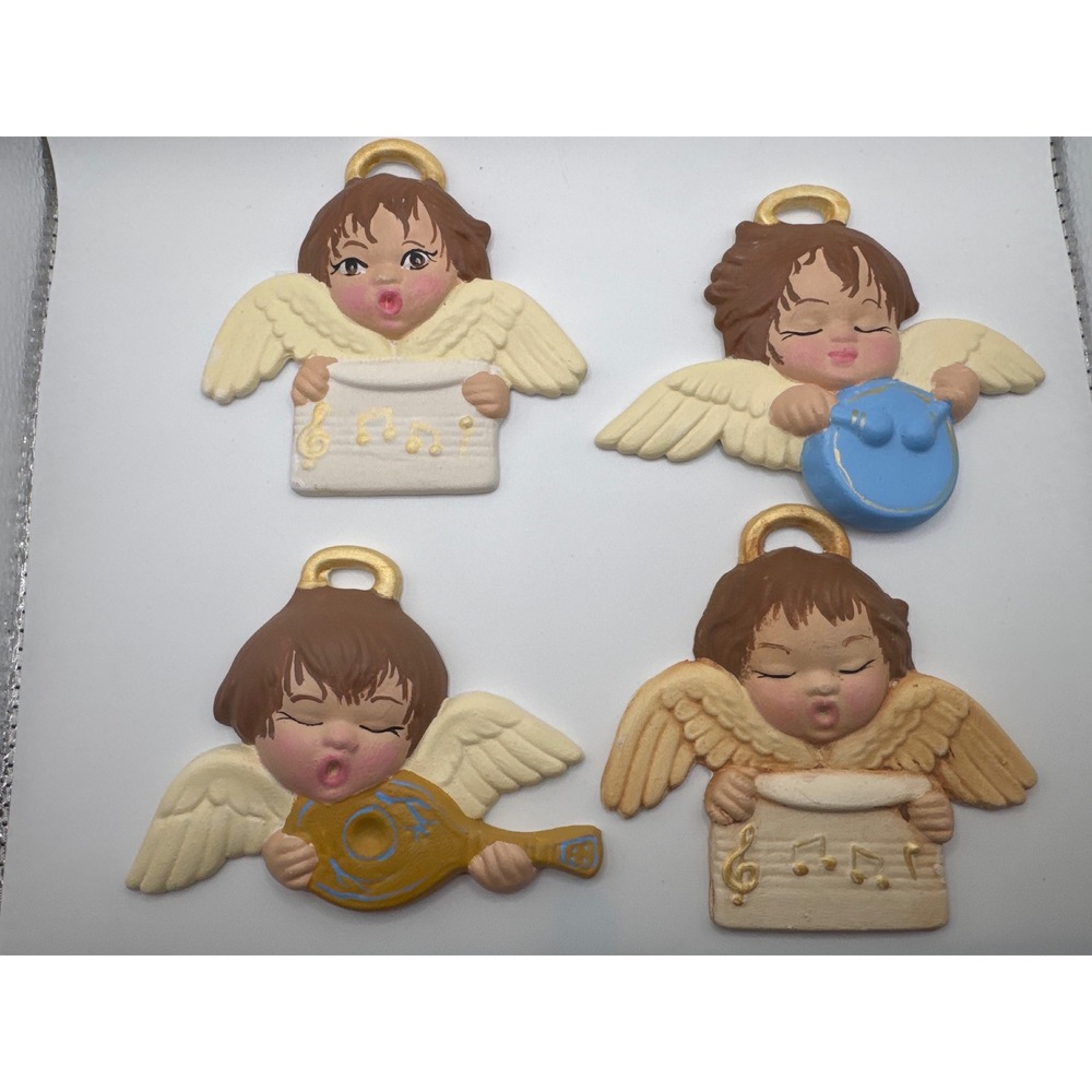 Vintage 1990 Ceramic Musical Angel Wall Plaques Set of 4 Cherubs